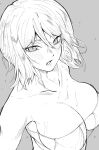  1girl bikini blush breasts eyepatch_bikini faust_(project_moon) greyscale highres huge_breasts limbus_company looking_at_viewer monochrome nb8c open_mouth project_moon short_hair simple_background solo sweat swimsuit upper_body 