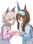  2girls absurdres admire_vega_(umamusume) animal_ears apron blue_jacket braid brown_hair closed_mouth curren_chan_(umamusume) ear_covers frilled_hairband frills frown grey_hair hairband hands_up heart heart_hands heart_hands_duo highres horse_ears jacket jersey_maid long_hair long_sleeves looking_at_viewer maid maid_apron maid_headdress multiple_girls pink_eyes pink_jacket raised_eyebrows simple_background smile track_jacket twin_braids umamusume unconventional_maid upper_body watou white_background 