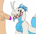 anthro balls big_blue_bubble big_teeths bodily_fluids breasts dawn_of_fire drooling duo female genitals happy human incisaur low_res male male/female mammal my_singing_monsters nipples penis saliva scalie