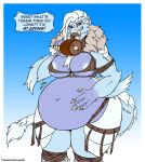2018 absurd_res anthro areola areola_slip belly belly_expansion big_belly big_breasts breasts deep_navel dragon eating english_text expansion fangs female food hair hand_on_stomach herja_(noxthekobold) hi_res meat meat_on_bone navel nipple_outline non-mammal_breasts rumbling_stomach sabertooth_(anatomy) solo stuffing teeth text thick_thighs viroveteruscy weight_gain white_hair