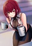  1girl absurdres bare_arms black_skirt blurry blurry_background bodystocking breasts cleavage commentary_request cup harusame349 heterochromia high-waist_skirt highres holding holding_cup hololive houshou_marine houshou_marine_(businesswoman) jewelry lanyard large_breasts leaning_forward looking_at_viewer necklace red_eyes red_hair side_slit skirt smile solo virtual_youtuber yellow_eyes 