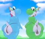 absurd_res adeviantcritter ambiguous_gender anthro big_butt blue_body blue_sky bottomwear bubble_butt butt butt_focus clothing cloud cyan_yoshi detailed_background digital_media_(artwork) duo feathers grass green_body green_yoshi hi_res huge_butt loincloth looking_at_viewer looking_back looking_back_at_viewer mario_bros mostly_nude nature nature_background nintendo plant rear_view short_tail sky tail thick_thighs tribal white_body wide_hips yoshi
