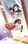  1girl akane_(pixiv43480366) bag black_hair bow brown_footwear feathered_wings feathers floating grey_eyes hair_bow highres holding holding_bag medium_hair original purple_shorts sailor_collar school_bag short_sleeves shorts sky solo thighhighs white_thighhighs white_wings wings 