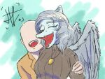 amber_(gem) amber_(material) anon_(snoot_game) anthro bald bone_frill breasts clothed clothing colored duo eyes_closed faceless_character faceless_human faceless_male fang_(gvh) feathered_wings feathers female female_anthro female_on_human frill_(anatomy) goodbye_volcano_high grey_body grey_feathers hair hand_on_arm hi_res human human_on_anthro interspecies jewelry male male/female male_on_anthro mammal necklace open_mouth open_smile pendant pterodactylus pterosaur reptile scalie silver_hair simple_background smile snoot_game snout sweater topwear wings yonstar_studios