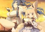  2girls animal_ears arknights bare_shoulders black_gloves blonde_hair blue_eyes blue_hair blue_hairband bowl braid braided_hair_rings breasts closed_mouth colored_tips dress fox_ears fox_girl fox_tail gloves hair_rings hairband hand_on_another&#039;s_head holding holding_bowl infection_monitor_(arknights) kitsune kyuubi large_breasts ling_(arknights) long_hair looking_at_viewer multicolored_hair multiple_girls multiple_tails one_eye_closed oripathy_lesion_(arknights) parted_lips purple_dress short_hair single_glove suzuran_(arknights) tail twin_braids two-tone_hair unitedunti white_hair yellow_eyes 