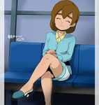  breasts brown_hair character_name closed_eyes crossed_legs high_heels inazuma_eleven_(series) inazuma_eleven_go medium_breasts mizuhara_aki mizuki_michiko sitting skirt smile solo 