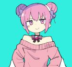  1girl angel_wings bow bowtie dadadada_tenshi double_bun fusazakura hair_bun hair_ribbon highres nanawo_akari off-shoulder_sweater off_shoulder original parody pink_eyes pink_hair pink_ribbon pink_sweater purple_bow ribbon short_hair style_parody sweater terada_tera_(style) wings 