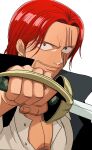  1boy black_coat black_eyes closed_mouth coat facial_hair highres holding holding_sword holding_weapon keppon looking_at_viewer male_focus one_piece open_clothes red_hair scar scar_across_eye scar_on_face shanks_(one_piece) shirt short_hair simple_background smile solo sword weapon white_background white_shirt 