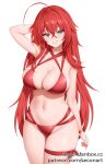  1girl ahoge arm_behind_head arm_up bikini bracelet breasts cleavage cowboy_shot crossed_bangs fanbox_username green_eyes grin high_school_dxd highres jewelry large_breasts long_hair navel patreon_username red_bikini red_hair red_nails rias_gremory secon simple_background smile solo stomach swimsuit very_long_hair wavy_hair web_address white_background 
