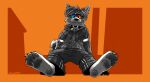 anthro baggy_pants black_clothing blue_eyes canid canine canis clothing domestic_dog dramatic_lighting eyewear feet foot_focus foreshortening glasses goggles goggles_on_face head_hair head_tuft heterochromia hi_res hindpaw hoodie husky mammal nordic_sled_dog orange_background orange_eyes pawpads paws simple_background sitting sitting_on_ground smile smiling_at_viewer softailfox solo spitz sunglasses sunglasses_on_face tail topwear track_pants tuft unfinished