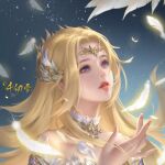  1girl artist_request bare_shoulders blonde_hair blue_eyes bright_pupils detached_collar douluo_dalu dust falling_feathers floating_hair hair_ornament hand_up highres long_hair looking_up parted_lips qian_renxue_(douluo_dalu) second-party_source solo teeth upper_body white_pupils 