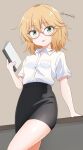  black_skirt blonde_hair glasses green_eyes highres holding holding_notebook idolmaster idolmaster_cinderella_girls looking_at_viewer notebook pencil_skirt pink-framed_eyewear sakurai_momoka shirt short_hair skirt tamayan tongue tongue_out twitter_username white_shirt 