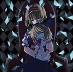  album_cover alice_margatroid alice_margatroid_(pc-98) apple blindfold blonde_hair blue_apple blurry bow broken_glass checkered checkered_background cover depth_of_field dual_persona food fruit glass gloves green_eyes hair_bow hair_ribbon multiple_girls ribbon rondo_umigame sitting tears throne time_paradox touhou touhou_(pc-98) 