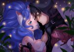 animal_humanoid blue_hair blush breasts capcom claws clothing crossover darkstalkers duo eye_contact felicia_(darkstalkers) felid felid_humanoid feline feline_humanoid female hair human humanoid iamtabbychan imminent_kiss jin_kazama light_body light_skin long_hair looking_at_another male male/female mammal mammal_humanoid narrowed_eyes night side_boob tekken