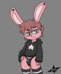 anthro blue_eyes bottomwear bulge clothed clothing digital_media_(artwork) ear_piercing fur hair hi_res hoodie jasbun jasbun07 lagomorph legwear leporid male mammal piercing pink_body pink_fur rabbit simple_background solo thigh_highs topwear underwear