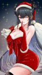  1girl absurdres bare_shoulders black_hair blue_hair breasts christmas colored_inner_hair demon_horns dress finger_to_mouth fur-trimmed_dress fur-trimmed_headwear fur_trim gloves hair_ornament hat highres holding holding_sack hololive hololive_english horns index_finger_raised large_breasts long_hair looking_at_viewer mole mole_under_eye multicolored_hair nerissa_ravencroft one_eye_closed red_dress red_eyes red_gloves red_headwear sack santa_costume santa_dress santa_hat shushing solo sparkle tassel tassel_hair_ornament thighhighs tomozoo83 two-tone_hair very_long_hair virtual_youtuber 