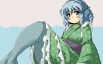  blue_eyes blue_hair blush head_fins japanese_clothes kimono long_sleeves looking_at_viewer mepikari mermaid monster_girl obi purple_eyes sash short_hair smile solo touhou wakasagihime 