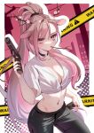  1girl absurdres animal_ears antlers black_choker black_nails black_pants breasts brown_hair choker cleavage crop_top deer_antlers deer_ears exitus flower-shaped_pupils gun high_ponytail highres holding holding_gun holding_weapon kannazuki_lubee long_hair multicolored_hair pants pink_eyes pink_hair ruiuncle shirt solo streaked_hair symbol-shaped_pupils very_long_hair weapon white_shirt 