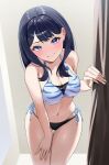  1girl absurdres bare_shoulders bikini black_hair blue_bikini blue_eyes blush breasts changing_room cleavage gridman_universe highres indoors layered_bikini long_hair looking_at_viewer medium_breasts mirror navel side-tie_bikini_bottom solo ssss.gridman string_bikini swimsuit takarada_rikka tappy_okamura thighs two-tone_bikini white_bikini 