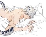  1boy animal_ears blue_eyes cat_ears cat_tail gojou_satoru jujutsu_kaisen lips looking_at_viewer lying male_focus nude on_stomach parted_lips pillow satsuki_g short_hair solo tail white_hair 