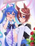  2girls @_@ absurdres ahoge animal_ears aqua_hair blue_eyes blue_hair blush bow brown_hair carrying commentary_request crossed_bangs ear_ornament embarrassed flower gloves hair_bow hands_on_own_cheeks hands_on_own_face heterochromia highres horse_ears horse_girl horse_tail indoors jacket long_hair long_sleeves medium_hair multicolored_hair multiple_girls nose_blush official_alternate_costume open_mouth parted_lips peteron petticoat pleated_skirt princess_carry puffy_short_sleeves puffy_sleeves purple_eyes purple_shirt raised_eyebrows red_flower red_rose rose sailor_collar school_uniform sharp_teeth shirt short_sleeves sidelocks skirt streaked_hair striped striped_bow suit suit_jacket tail teeth thighhighs tokai_teio_(umamusume) tokai_teio_(waltz_of_hiwing)_(umamusume) tracen_school_uniform twin_turbo_(umamusume) twintails twitter_username two-tone_hair umamusume upper_teeth_only white_gloves white_sailor_collar white_skirt white_thighhighs 