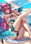  1girl absurdres ahri_(league_of_legends) animal_ears armlet artist_name ass beach bell bikini blue_bikini blue_bow blue_eyes blue_sky blue_tail bow breasts cameltoe cian_yo cleavage commentary day ear_bell english_commentary facial_mark fox_ears fox_girl fox_tail hair_bell hair_bow hair_ornament hand_on_own_arm highres kitsune knee_up large_breasts league_of_legends leg_up long_hair looking_at_viewer multiple_tails outdoors outstretched_arm parted_lips patreon_logo pixiv_logo purple_hair sitting skindentation sky solo spirit_blossom_ahri striped striped_bow swimsuit tail thigh_bow thigh_strap whisker_markings wrist_bow 