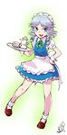  apron blue_eyes braid cup full_body hand_on_hip izayoi_sakuya maid_headdress minato_hitori silver_hair solo teacup teapot touhou tray twin_braids waist_apron wrist_cuffs 