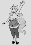 anthro bottomwear clothing crop_top equid equine female grey_background greyscale hair hi_res hooves horn hotpants juicyghost leg_warmers legwear long_hair mammal monochrome open_mouth open_smile shirt shorts simple_background smile solo topwear unicorn unicorn_horn wide_eyed