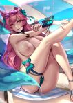  1girl absurdres ahri_(league_of_legends) animal_ears armlet artist_name ass beach bell bikini bikini_bottom_only blue_bikini blue_bow blue_sky blue_tail bow breasts cameltoe cian_yo commentary day ear_bell english_commentary facial_mark fox_ears fox_girl fox_tail hair_bell hair_bow hair_ornament hand_on_own_arm highres kitsune knee_up large_breasts league_of_legends leg_up licking_lips long_hair looking_at_viewer multiple_tails nipples outdoors outstretched_arm patreon_logo pink_eyes pixiv_logo purple_hair sitting sky solo spirit_blossom_ahri striped striped_bow swimsuit tail thigh_bow thigh_strap tongue tongue_out topless whisker_markings wrist_bow 