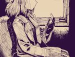  1girl bus_interior chair coat collared_shirt dante_(limbus_company) genderswap genderswap_(otf) gloves hand_up highres indoors limbus_company monochrome necktie pocket_watch project_moon purple_theme shirt sitting solo touma_rui watch window 