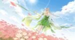  1girl absurdres animal_ears artist_request baiguio_(zhu_xian) bare_shoulders blue_sky closed_mouth cloud detached_sleeves dress falling_petals field floating_hair flower flower_field fox_ears green_dress green_nails highres looking_to_the_side petals ribbon second-party_source single_thighhigh sky smile solo sun thighhighs white_hair zhu_xian 