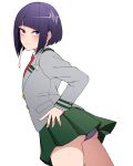  1girl absurdres ass audio_jack blue_eyes blush boku_no_hero_academia breasts buttons cowboy_shot dutch_angle green_skirt grey_jacket grey_panties highres jacket jirou_kyouka kobaji long_earlobes long_sleeves miniskirt necktie panties pleated_skirt purple_hair red_necktie school_uniform short_hair simple_background skirt underwear white_background 