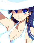  arm_up armpits bare_shoulders blue_eyes blue_hair blush breasts cleavage collarbone dress earrings halterneck hat hoop_earrings jewelry kagaminomachi_no_kaguya kaguya_(kagaminomachi_no_kaguya) kusanagi_tonbo large_breasts light_smile long_hair looking_at_viewer lowres oekaki outline shaded_face sideboob smile solo sun_hat sundress 