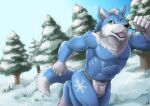 anthro baroque_(artist) blue_body blue_fur bottomwear canid canine canis clothing fur green_eyes loincloth loincloth_only male mammal snow solo white_body white_fur wolf