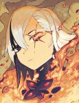  1girl arlecchino_(genshin_impact) black_hair commentary fire flaming_eye genshin_impact head_tilt highres looking_at_viewer short_hair solo white_hair yellow_glasses_(odivichno) 