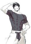  1boy bow cowboy_shot fushiguro_touji greyscale grin hand_on_own_head highres jujutsu_kaisen kazuki_yone looking_at_viewer male_focus monochrome muscular muscular_male pants scan scar scar_on_face scar_on_mouth short_hair short_sleeves skin_tight smile solo teeth v-taper 