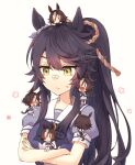  &gt;_o 2girls animal_ears back_bow bandaid bandaid_on_face bandaid_on_nose black_hair bow brown_hair chibi climbing closed_mouth commentary_request crossed_arms ear_ornament hair_between_eyes hair_ornament horse_ears horse_girl horse_tail long_hair multiple_girls nanashi_(774umauma) narita_brian_(umamusume) one_eye_closed open_mouth pleated_skirt ponytail puffy_short_sleeves puffy_sleeves purple_bow purple_shirt rope sailor_collar school_uniform shimenawa shirt short_sleeves simple_background sitting skirt smile sweatdrop tail thighhighs tracen_school_uniform umamusume vodka_(umamusume) white_background white_skirt white_thighhighs yellow_eyes 