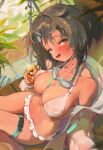  1girl absurdres alternate_skin_color arknights bare_shoulders bikini black_hair breasts cleavage collarbone dark-skinned_female dark_skin drink drinking_straw fang feather_hair goggles goggles_around_neck hair_bun hair_intakes highres holding holding_drink jacket jacket_over_swimsuit la_pluma_(arknights) la_pluma_(summer_flowers)_(arknights) lanyard large_breasts looking_at_viewer official_alternate_costume open_clothes open_jacket single_side_bun sitting smile swimsuit tan thigh_strap villainchin white_bikini wing_hair_ornament 