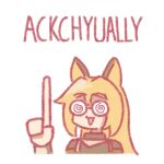  1girl animal_ears arknights blonde_hair ceobe_(arknights) coke-bottle_glasses cropped_torso dog_ears dog_girl glasses justyoki open_mouth pointing pointing_up simple_background white_background 