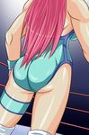  ass back blue_leotard breasts head_out_of_frame knee_pads large_breasts leotard long_hair mighty_yukiko pink_hair smile solo taroimo_(00120014) wrestle_angels wrestle_angels_survivor wrestling_outfit wrestling_ring wristband 