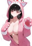  1girl absurdres ai-generated animal_ears animal_hands black_hair blue_archive breasts cosplay hair_ornament hairpin halo highres hime_cut hood hoodie kigurumi large_breasts midriff navel no_bra pink_hoodie rio_(blue_archive) sweat trembling zishudongmao 