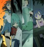  5girls bare_arms black_feathers blonde_hair blood blood_splatter blouse blue_eyes blue_hair blue_sailor_collar blue_skirt blunt_bangs bow child closed_mouth collarbone dress expressionless falling_feathers feathers floating_hair from_above from_below furude_rika green_eyes green_hair hashitsuki_nata high_ponytail higurashi_no_naku_koro_ni hiiragi_fuyuki himatsubushi-hen holding holding_mask houjou_satoko indoors japanese_clothes kimono long_hair long_sleeves looking_at_viewer mask midriff_peek multiple_girls nata_(tool) neckerchief night obi oni_mask onikakushi-hen open_mouth orange_hair pantyhose parted_bangs parted_lips pink_dress pleated_skirt ponytail puffy_short_sleeves puffy_sleeves purple_eyes raised_eyebrows ryuuguu_rena sad sailor_collar sailor_dress sash school_uniform serafuku shirt short_dress short_hair short_sleeves siblings sidelocks sisters sitting skirt sleeveless sleeveless_dress smile sonozaki_mion sonozaki_shion standing sunset tatami tatarigoroshi-hen tree twins watanagashi-hen white_kimono white_sailor_collar white_serafuku white_shirt wind yellow_neckerchief 