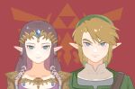  1boy 1girl armor blue_eyes brown_hair chinese_commentary circlet commentary_request earrings eyebrows_hidden_by_hair green_headwear green_tunic hat jewelry light_brown_hair link low-tied_sidelocks pointy_ears princess_zelda red_background shoulder_armor the_legend_of_zelda the_legend_of_zelda:_twilight_princess triforce v-shaped_eyebrows yun_(dl2n5c7kbh8ihcx) 