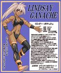  abs arm_bands armband ass bracer breasts character_name choker dark_skin gray_hair grey_hair lindsay_ganache muscle open_mouth original pink_eyes side_ponytail taroimo_(00120014) text thighhighs thighs wrestler wrestling_outfit 