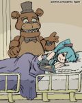  1girl aqua_hair aqua_necktie bed black_bow black_bowtie black_sleeves bow bowtie closed_eyes crying detached_sleeves five_nights_at_freddy&#039;s freddy_fazbear grey_shirt hat hatsune_miku highres hospital_bed indoors joints long_hair loss_(meme) lying meme mini_hat mini_top_hat necktie on_bed on_side pantsu-ripper robot_joints shirt top_hat twintails vocaloid 