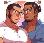  2boys bara beard_stubble big_nose black_eyes blue_collar collar dark-skinned_male dark_skin foazycozy glasses golden_kamuy hair_bun hairy_chest large_pectorals light_blush male_focus multiple_boys muscular muscular_male partially_unbuttoned pectorals rikimatsu_ariko scar scar_on_face shirt sideburns sideburns_stubble tan tanigaki_genjirou thick_eyebrows white_shirt 