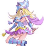  1girl ass blonde_hair blue_dress blue_footwear blush_stickers boots breasts choker dark_magician_girl dress duel_monster from_side gauntlets green_eyes hat highres large_breasts long_hair looking_at_viewer revealing_clothes sengenjin31 sideboob solo witch_hat yu-gi-oh! 