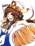  ahoge blue_eyes blush_stickers braid brown_hair chef_hat close-up dearmybrothers dumpling fang food hairband hat heart jiaozi kantai_collection kongou_(kantai_collection) ladle open_mouth solo 