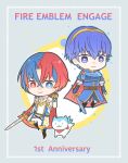  2boys alear_(fire_emblem) alear_(male)_(fire_emblem) blue_eyes blue_hair cape chibi closed_mouth crossed_bangs fire_emblem fire_emblem_engage gloves hair_between_eyes highres holding holding_sword holding_weapon marth_(fire_emblem) multicolored_hair multiple_boys red_cape red_eyes red_hair short_hair smile sn_eng_gyk0707 sommie_(fire_emblem) split-color_hair sword weapon 