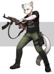 albino anthro boots clothing cougar felid feline footwear gun hi_res holster khakis male mammal pgm300 ranged_weapon reloading samson_(derpoomer) simple_background solo weapon